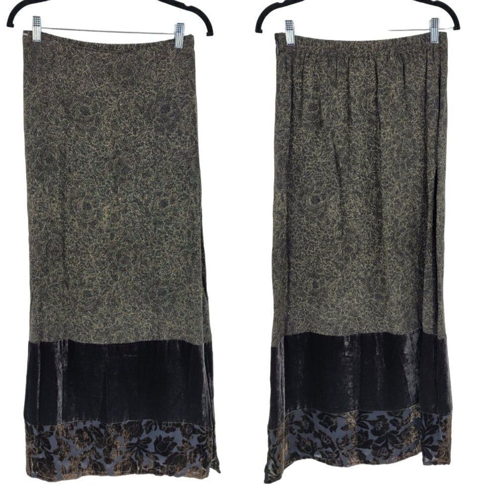 Vintage Citron Maxi Skirt M Black Green Floral Burnout Silk Velour Hem Side Slit